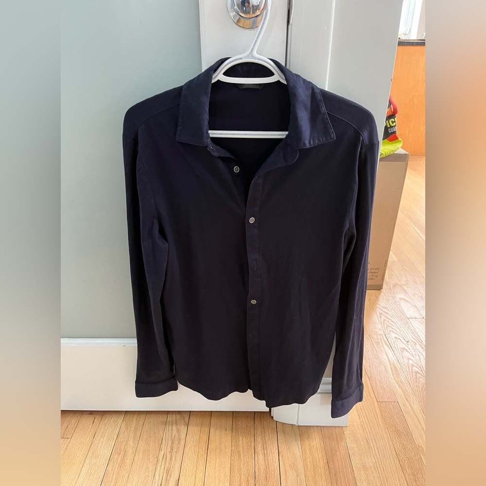 Shirt Button Down Navy Blue Mens Saks 5th Avenue Cotton Lyocell S P Small NEW